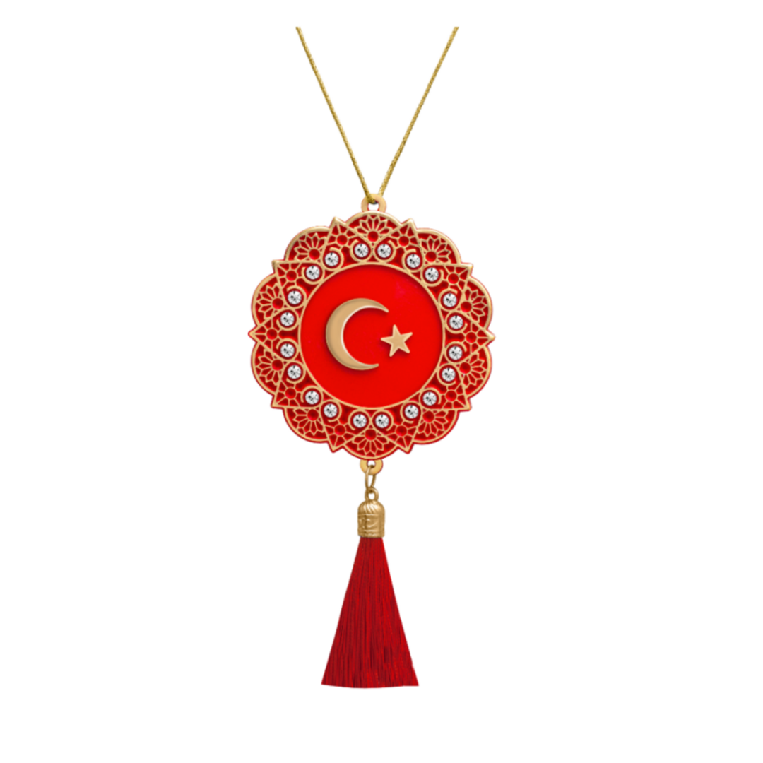 maskot-turk-bayragi-sari-kristal Maskot Türk Bayrağı (Sarı - Kristal Taş - Püsküllü-7cm) - 5'li Paket - Görsel 1
